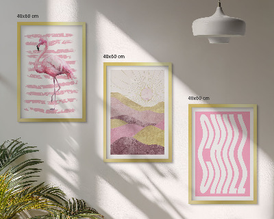 Set di 3 quadri paesaggio dai colori pastello con fenicotteri rosa