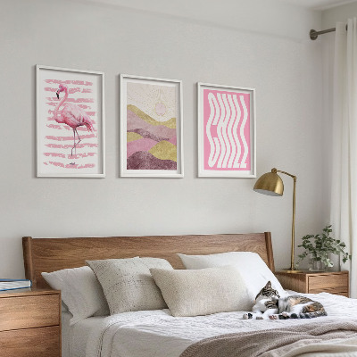 Set di 3 quadri paesaggio dai colori pastello con fenicotteri rosa