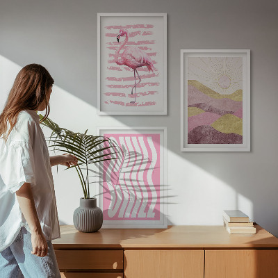 Set di 3 quadri paesaggio dai colori pastello con fenicotteri rosa
