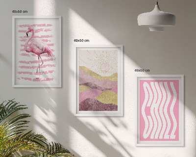 Set di 3 quadri paesaggio dai colori pastello con fenicotteri rosa