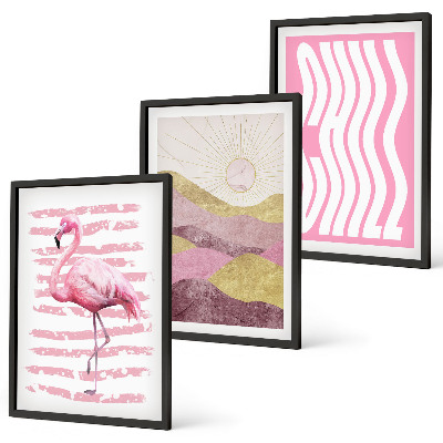 Set di 3 quadri paesaggio dai colori pastello con fenicotteri rosa