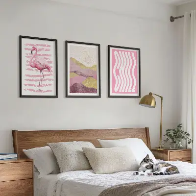 Set di 3 quadri con paesaggio dai colori pastello e fenicotteri rosa