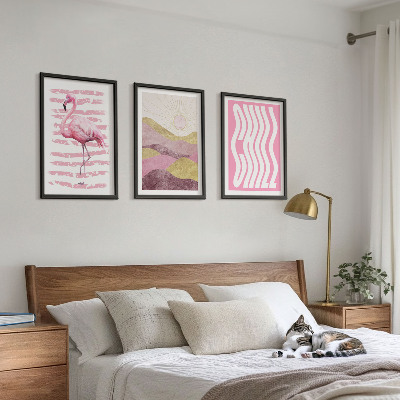 Set di 3 quadri paesaggio dai colori pastello con fenicotteri rosa