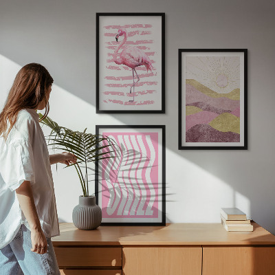 Set di 3 quadri paesaggio dai colori pastello con fenicotteri rosa