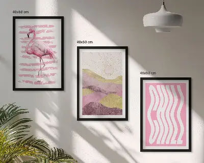 Set di 3 quadri con paesaggio dai colori pastello e fenicotteri rosa