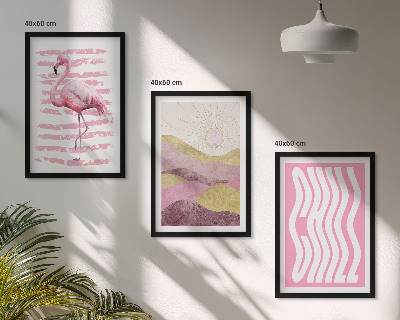 Set di 3 quadri paesaggio dai colori pastello con fenicotteri rosa