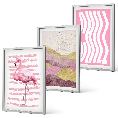 Set di 3 quadri paesaggio dai colori pastello con fenicotteri rosa
