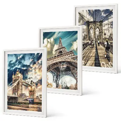 Set di 3 quadri con ponti, torri e città europee