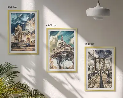 Set di 3 quadri con ponti, torri e città europee