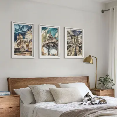 Set di 3 quadri con ponti, torri e città europee