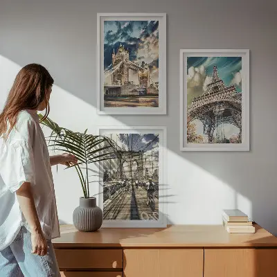 Set di 3 quadri con ponti, torri e città europee