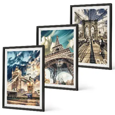 Set di 3 quadri con ponti, torri e città europee