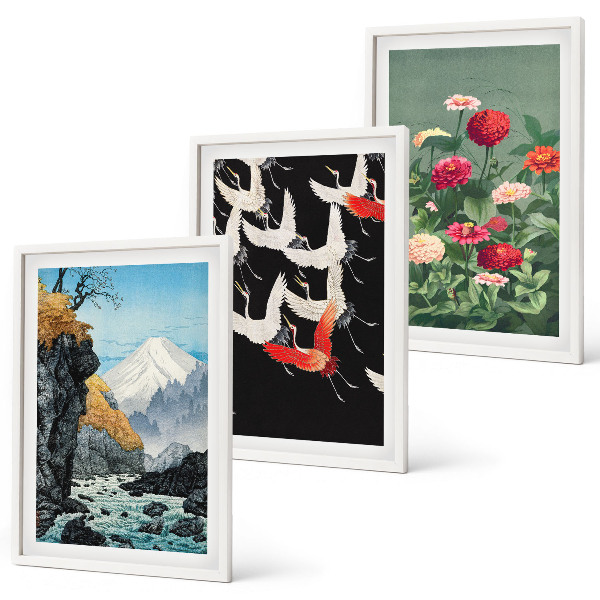 Set di quadri incorniciati Cascata di montagna, uccelli, fiori