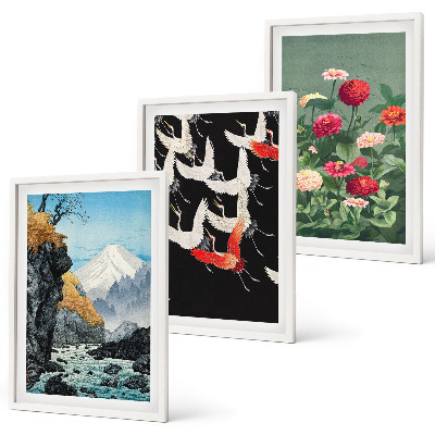 Set di quadri incorniciati Cascata di montagna, uccelli, fiori
