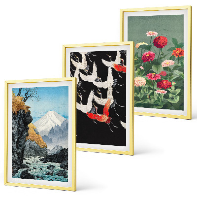 Set di quadri incorniciati Cascata di montagna, uccelli, fiori