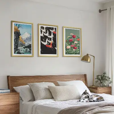 Set di quadri incorniciati con stampa di cascata di montagna, uccelli e fiori