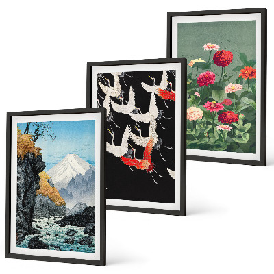 Set di quadri incorniciati Cascata di montagna, uccelli, fiori