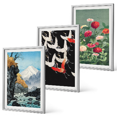 Set di quadri incorniciati Cascata di montagna, uccelli, fiori