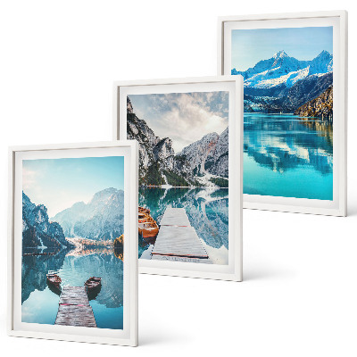 Set di 3 quadri laghi di montagna, riflessioni sulle barche