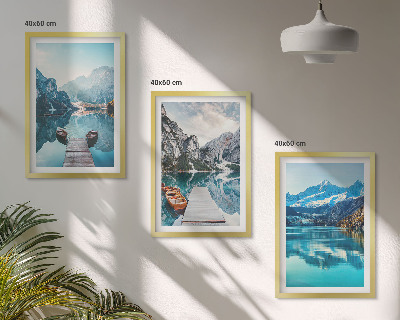 Set di 3 quadri laghi di montagna, riflessioni sulle barche