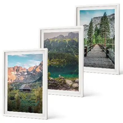Set di 3 quadri con ponte sul lago nel paesaggio montano