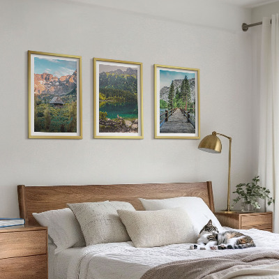 Set di 3 quadri Ponte sul lago nel paesaggio montano