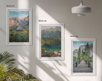 Set di 3 quadri Ponte sul lago nel paesaggio montano