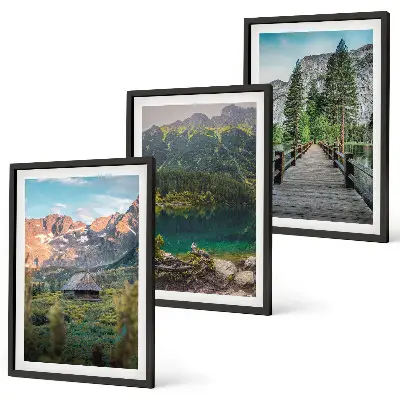 Set di 3 quadri con ponte sul lago nel paesaggio montano