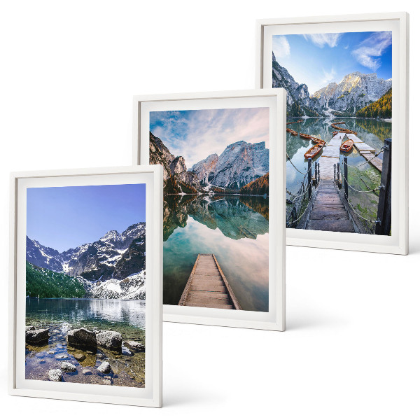 Set di 3 quadri Montagne, laghi, moli di legno