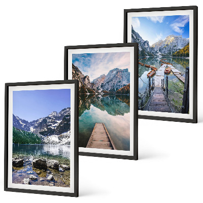 Set di 3 quadri Montagne, laghi, moli di legno