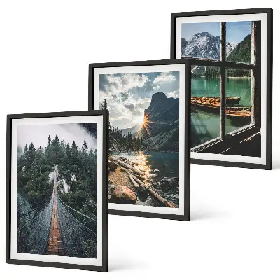 Composizione di quadri con ponte, foresta, lago, barche e montagne