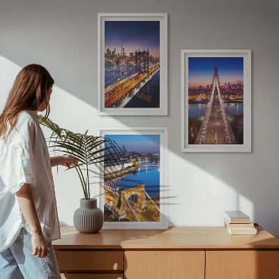 Set di 3 quadri Città di notte ponti fiumi