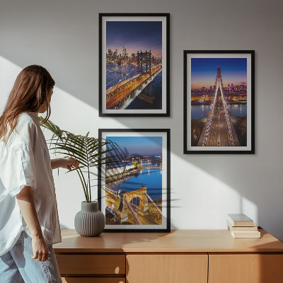 Set di 3 quadri Città di notte ponti fiumi