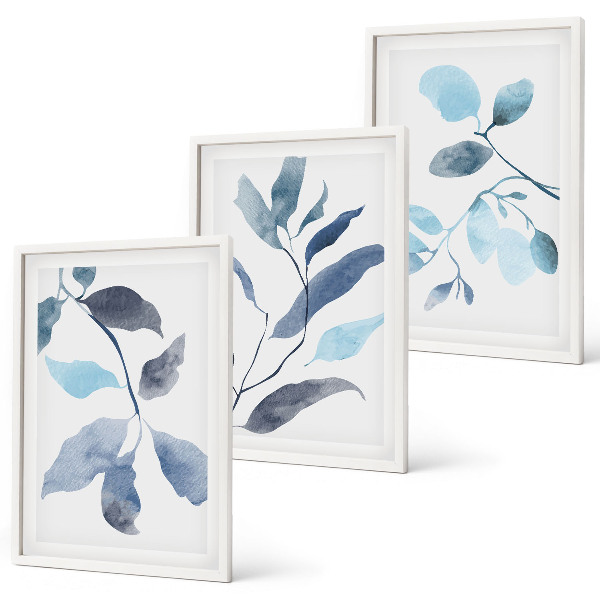 Set di 3 quadri Foglie blu ad acquerello