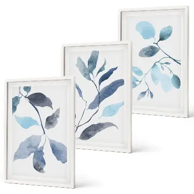 Set di 3 quadri con foglie blu ad acquerello