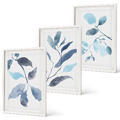 Set di 3 quadri Foglie blu ad acquerello