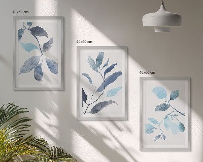 Set di 3 quadri Foglie blu ad acquerello