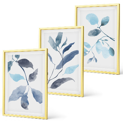 Set di 3 quadri Foglie blu ad acquerello