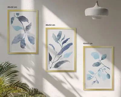 Set di 3 quadri con foglie blu ad acquerello