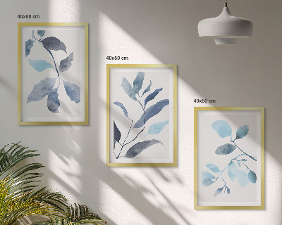 Set di 3 quadri Foglie blu ad acquerello