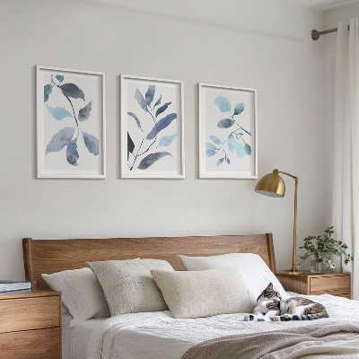 Set di 3 quadri Foglie blu ad acquerello