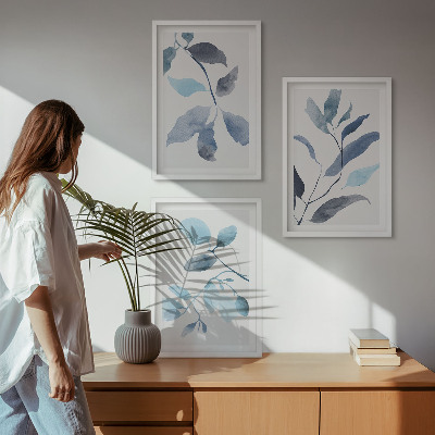 Set di 3 quadri Foglie blu ad acquerello
