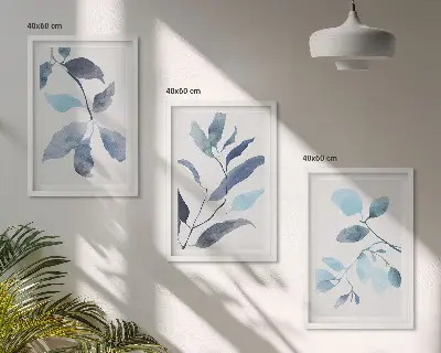 Set di 3 quadri con foglie blu ad acquerello