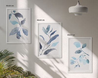 Set di 3 quadri Foglie blu ad acquerello