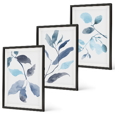 Set di 3 quadri Foglie blu ad acquerello