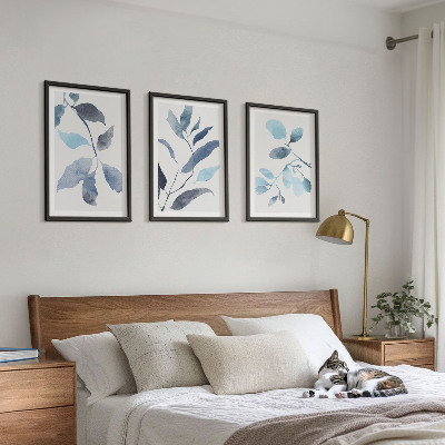 Set di 3 quadri Foglie blu ad acquerello