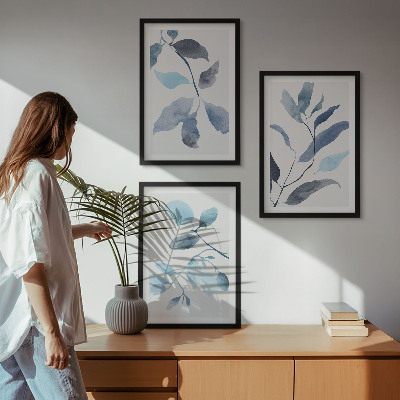 Set di 3 quadri Foglie blu ad acquerello