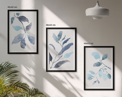 Set di 3 quadri Foglie blu ad acquerello