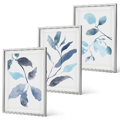Set di 3 quadri Foglie blu ad acquerello
