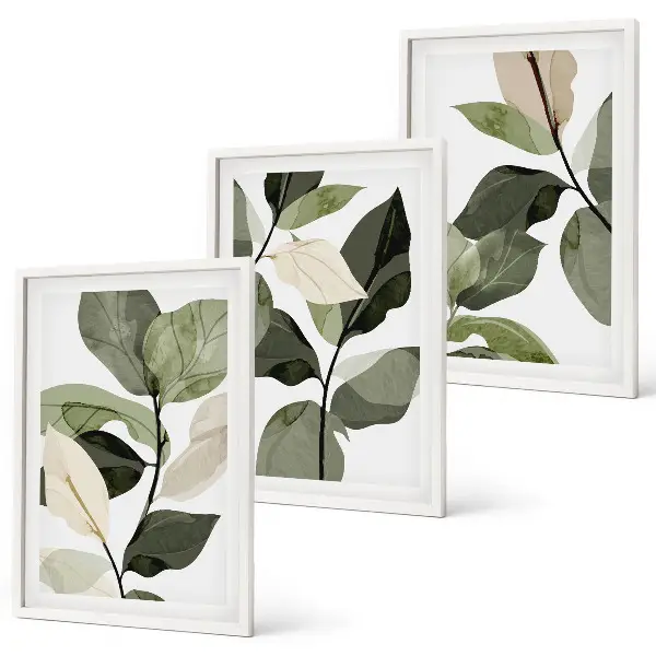 Set di 3 quadri con foglie di piante dipinte in stile boho